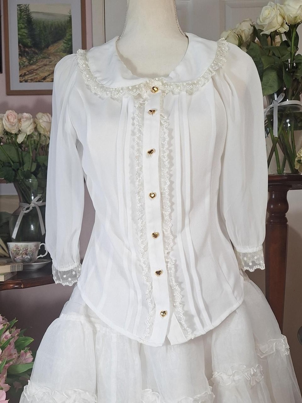 Innocent World White Semi-Sheer Blouse with Gold Heart Buttons | Classic Lolita